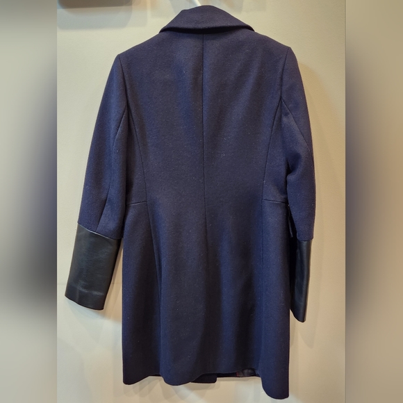 DKNY Wool Blend Coat with Faux Leather Details, Navy Blue, Size US 6 - Picture 4 of 11
